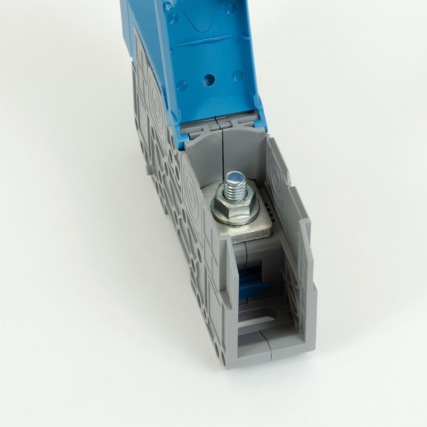 ONKA 95mm2 STUD terminal block for M8 cable lugs, DIN rail mount with protective cover, blue, 1030062