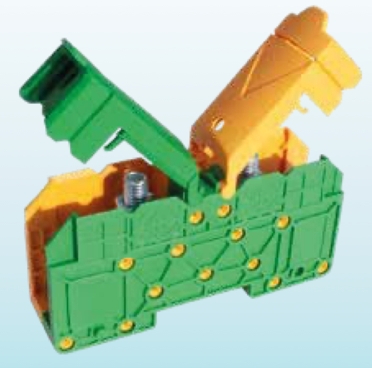 ONKA 95mm2 STUD terminal for M8 cable lugs, DIN rail mount with protective cover, yellow green, BR-1030071