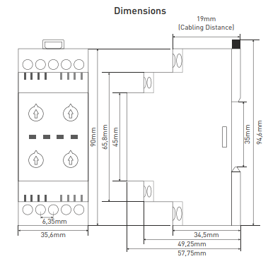 Phase / Neutral Failure, Asymmetry and Under / Over Voltage Monitoring Relay, 3 Phase Fail Relay, DIN rail mount, SPDT, FKM-05F, TENSE dimensions