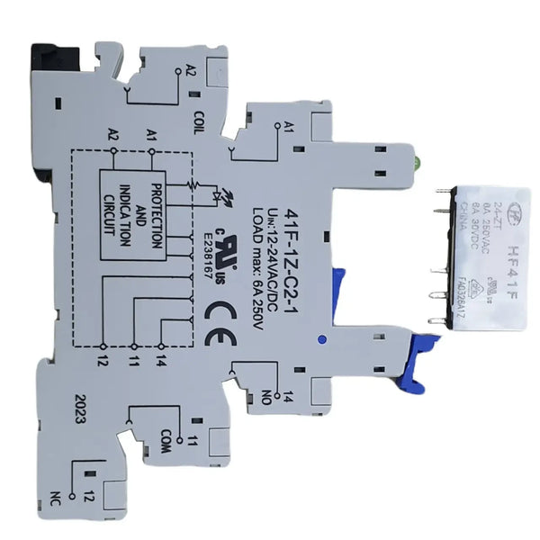 Slim Interface Relay Interface Module, DIN Rail Mount, 12-24V AC/DC Coil, SPDT, 1-Pole, 6A Load, HF-41, Made in China