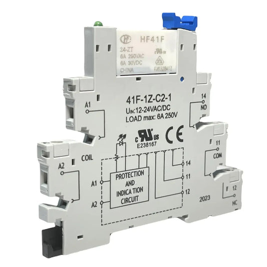 Slim Interface Relay Interface Module, DIN Rail Mount, 12-24V AC/DC Coil, SPDT, 1-Pole, 6A Load, HF-41, Made in China