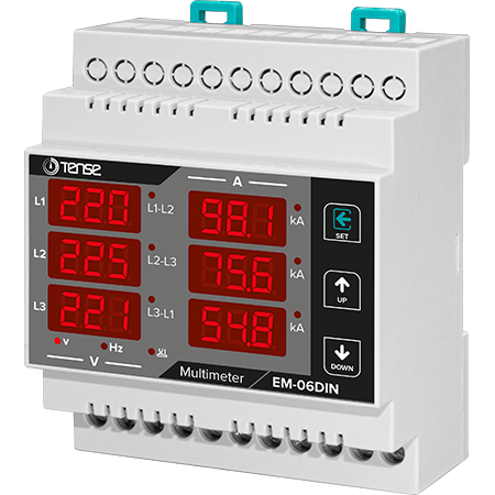 3 Phase digital multifunctional DIN rail mount meter, Current/Voltage/Frequency, 6xLED displays, connection X/5 or 100A or 250A, TENSE