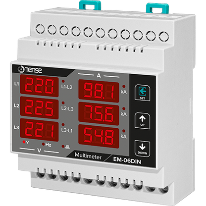 3 Phase digital multifunctional DIN rail mount meter, Current/Voltage/Frequency, 6xLED displays, connection X/5 or 100A or 250A, TENSE