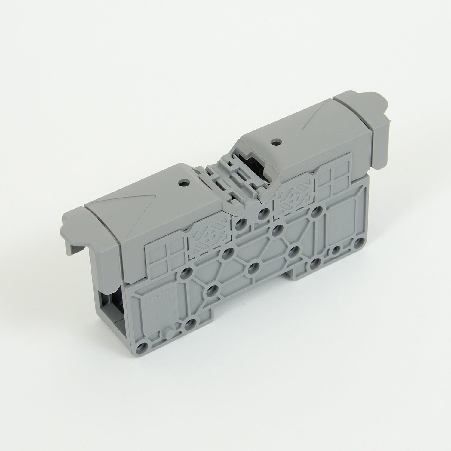 ONKA 25mm2 / 50mm2 STUD terminal block for M8 cable lugs, DIN rail mount with protective cover, grey, 1030031, 1030002