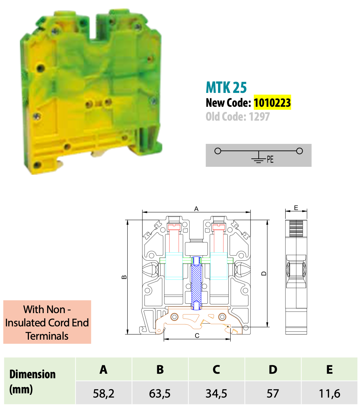 ONKA 25mm2 PE / Earth screw clamp green / yellow DIN rail terminal, BR ...