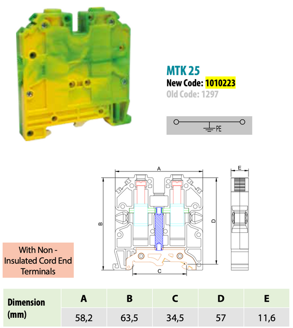 ONKA 25mm2 PE / Earth screw clamp green / yellow DIN rail terminal, 1010223